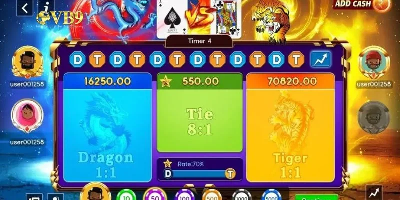 Giao diện đặt cược Rồng Hổ với các mức cược và cửa cược hiển thị đầy đủ